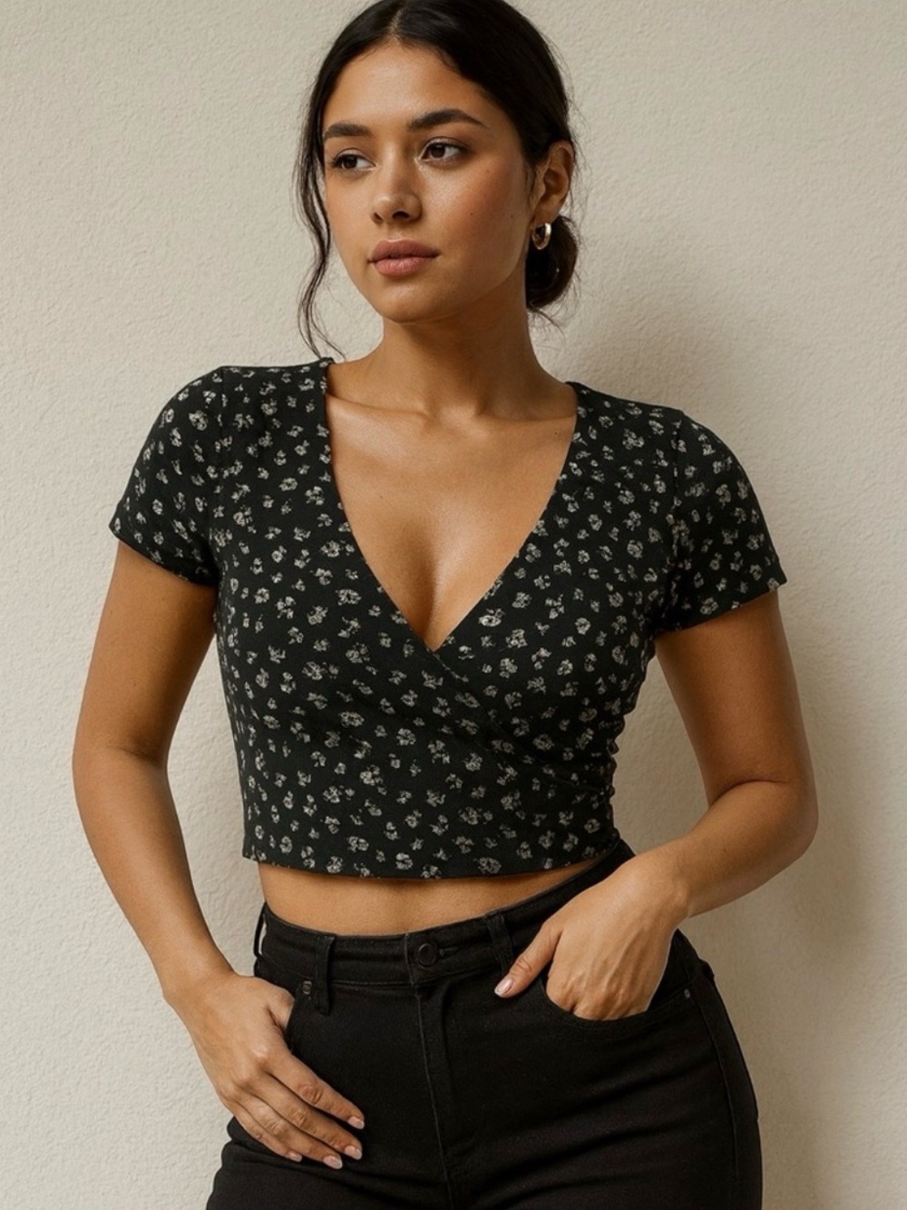 Brandy Melville Green Floral Wrap Crop Top